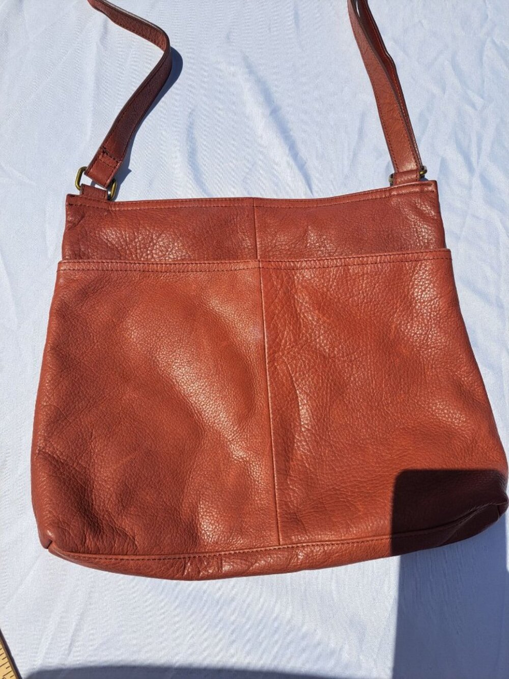Margot New York Cognac Leather Crossbody Bag  Adjustable Strap Zip Pocket Pebble - Picture 10 of 13